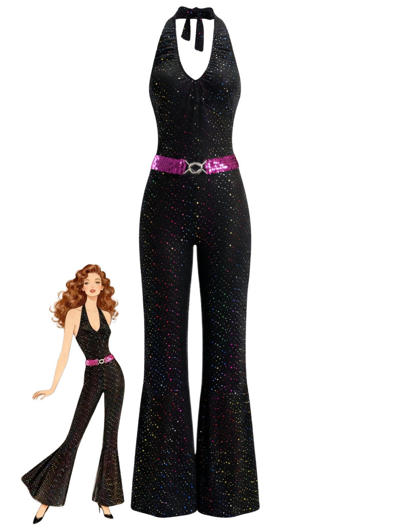 Black 1970s Disco Sequined Halter Flared Jumpsuit