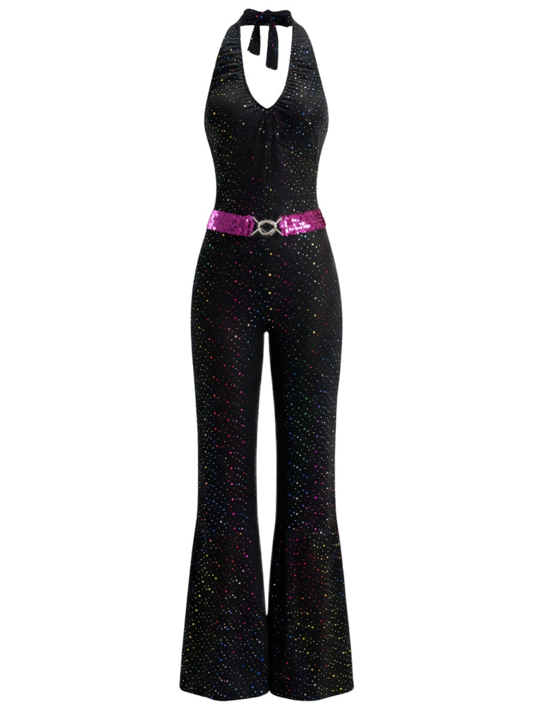 Black 1970s Disco Sequined Halter Flared Jumpsuit