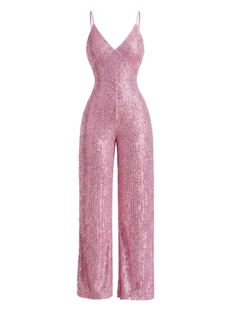 Pink 1930s V-Neck Spaghetti Strap Sequined Jumpsuit