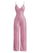 Pink 1930s V-Neck Spaghetti Strap Sequined Jumpsuit