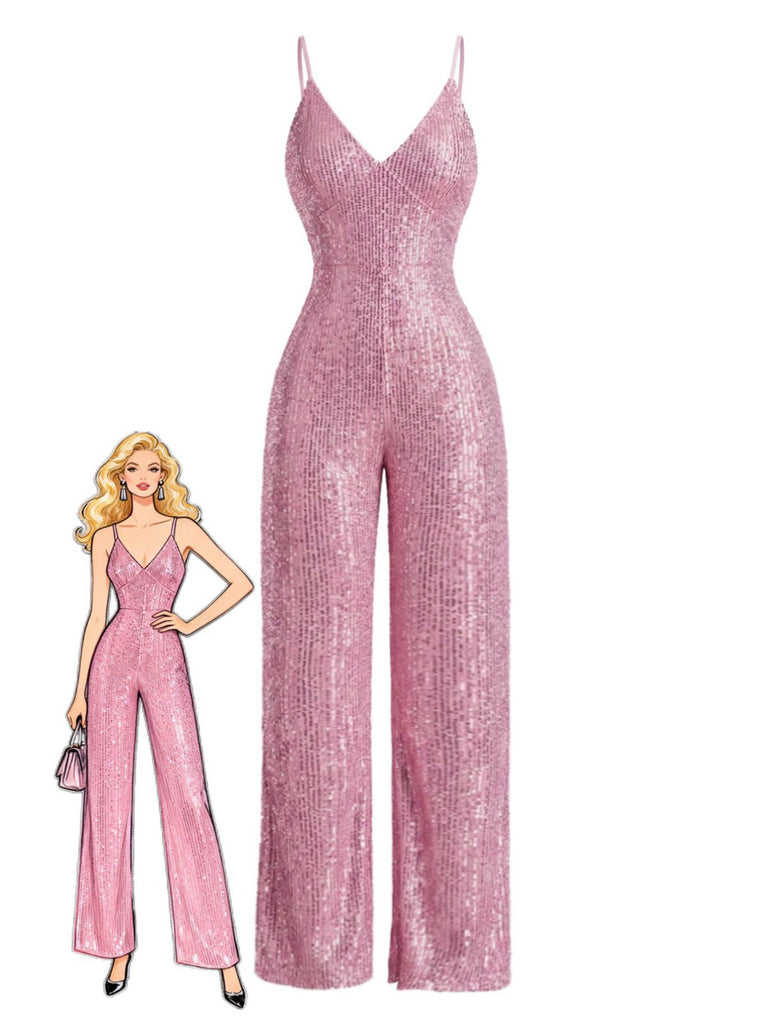 Pink 1930s V-Neck Spaghetti Strap Sequined Jumpsuit
