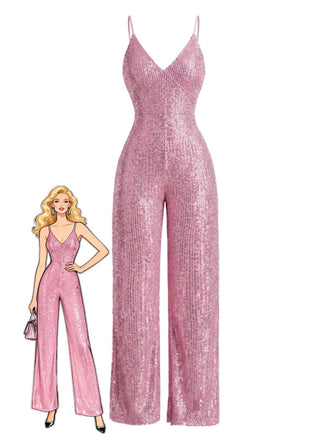 Pink 1930s V-Neck Spaghetti Strap Sequined Jumpsuit