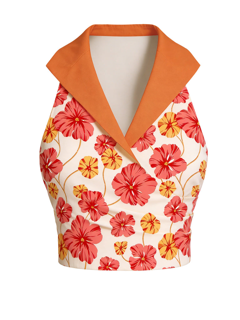 [Pre-Sale] 2PCS Orange 1970s Floral Top & Belted Flare Pants