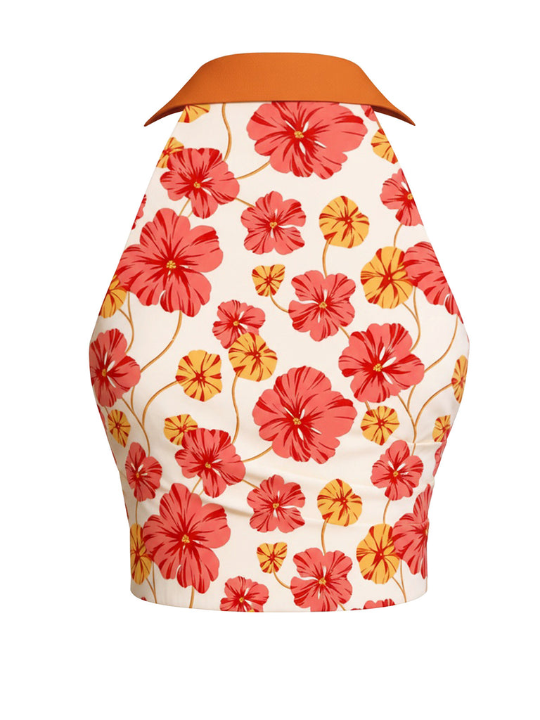 [Pre-Sale] 2PCS Orange 1970s Floral Top & Belted Flare Pants