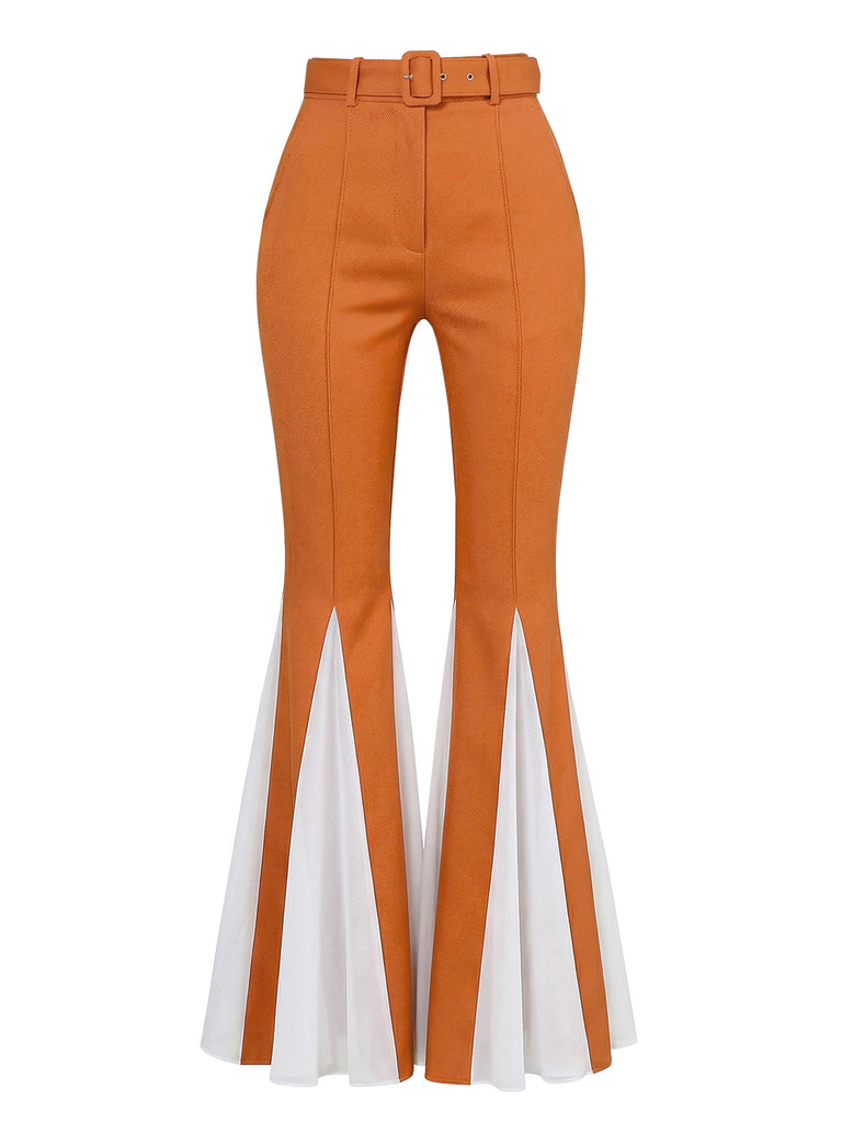 [Pre-Sale] 2PCS Orange 1970s Floral Top & Belted Flare Pants