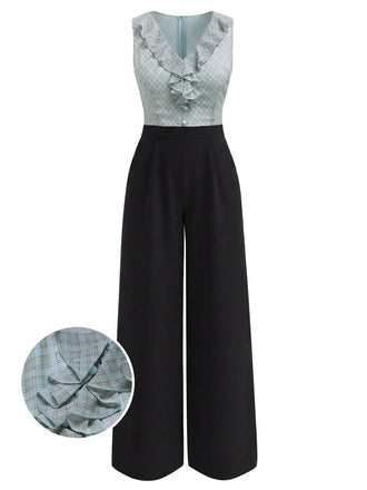 Blue 1940s Plaid V-Neck Ruffle Jumpsuit