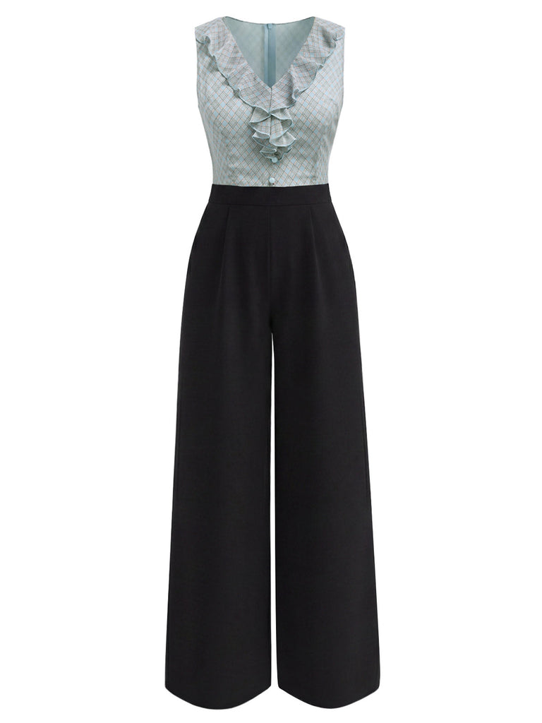 Blue 1940s Plaid V-Neck Ruffle Jumpsuit