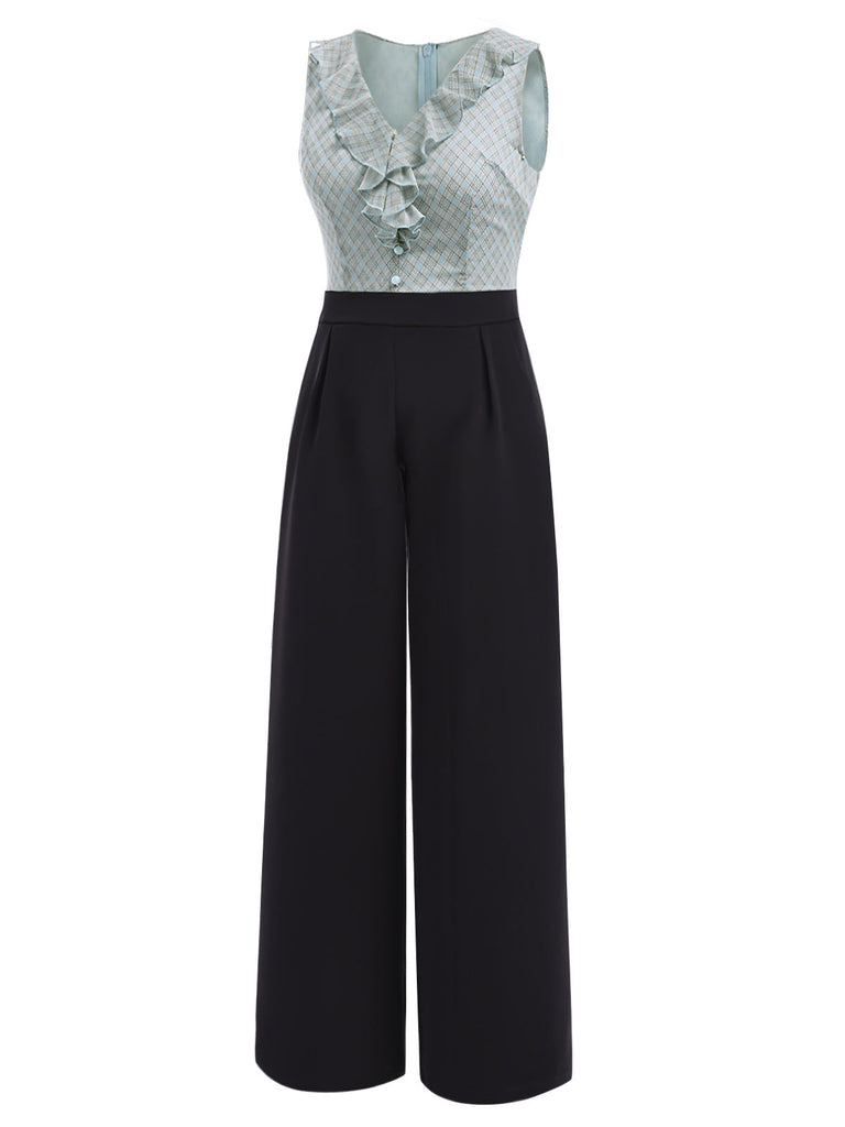 Blue 1940s Plaid V-Neck Ruffle Jumpsuit