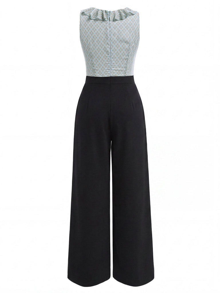 Blue 1940s Plaid V-Neck Ruffle Jumpsuit