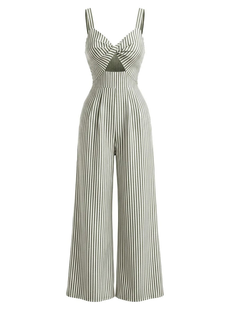 Blue 1950s Striped Twisted Hollow V-Neck Jumpsuit, vintage romper, retro jumpsuit - perfect for women who love vintage and retro fashion