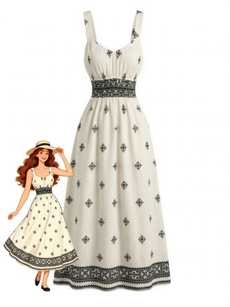 Beige 1950s Spaghetti Strap Square Neck Midi Dress