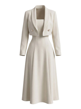 2PCS Ivory 1950s Blazer Overlay A-Line Midi Dress & Bolero Jacket