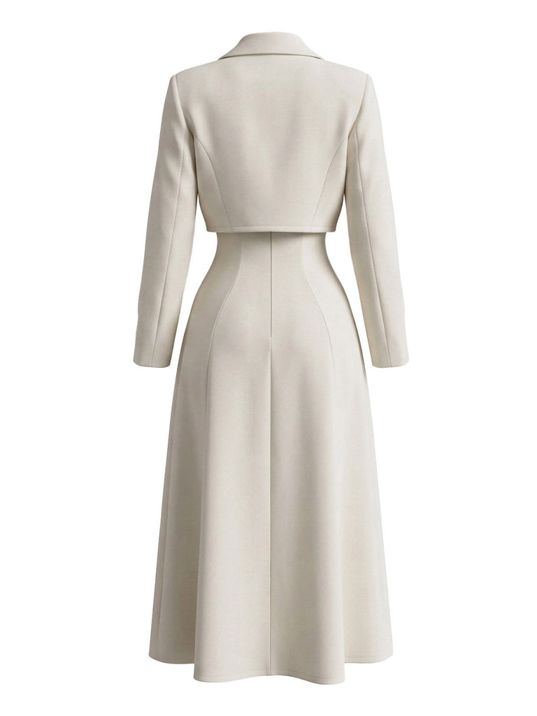 2PCS Ivory 1950s Blazer Overlay A-Line Midi Dress & Bolero Jacket