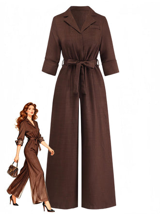 Dark Coffee 1950s Lapel Collar Belted Wide Leg Jumpsuit