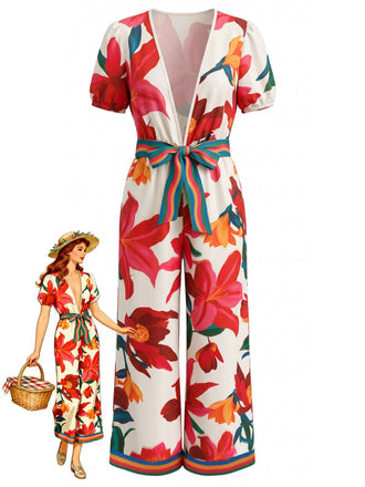 Red 1980s Floral Short Sleeve Wide-Leg Belted Jumpsuit