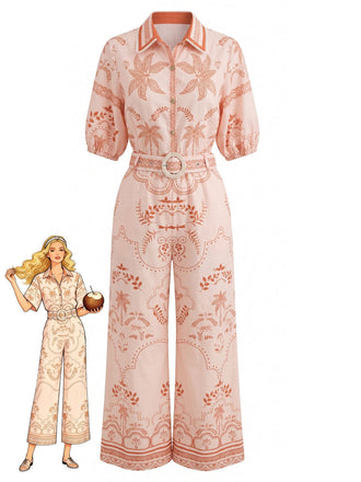 2PCS Orange 1930s Tropical Blouse & Belted Pants