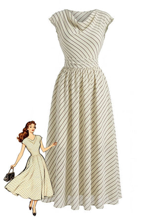 Beige 1950s Swing Print Striped Chiffon Midi Dress