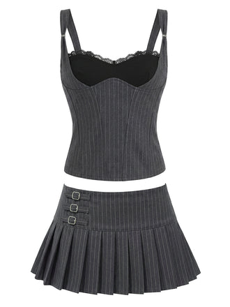 [Pre-Sale] 2PCS Grey Y2K Pinstripe Lace Trim Top & Pleated Mini Skirt