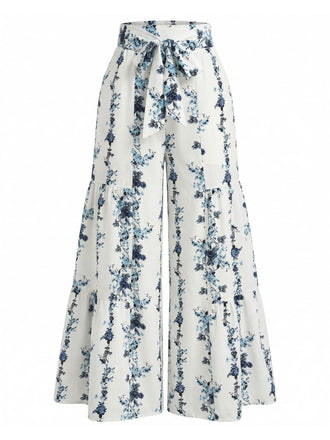 Yellow Grey Vintage Floral Striped Pants 1