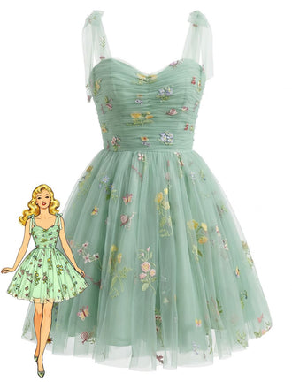 [Pre-Sale] Green 1960s Floral Embroidered Mesh Tutu Dress