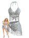 Silver 1970s Holographic Sequin Fringe Bikini Set & Cover-up