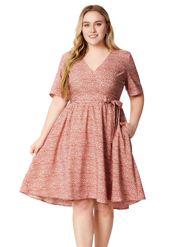 Pink 1940s Print V-Neck Short Dress