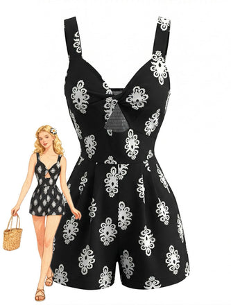 Black 1930s Fitted Waist Cutout Romper