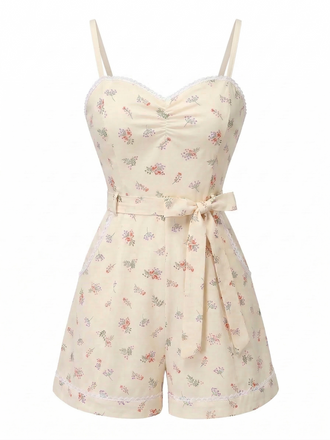 [Pre-Sale] Beige 1940s Polka Dot Patchwork Suspender Romper