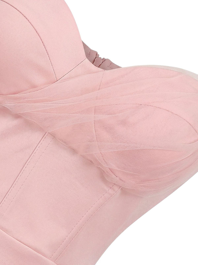 Pink 1960s Spaghetti Strap Pleated Slim Short Dress