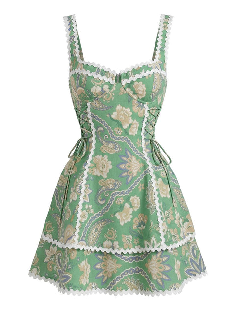 Women's Boho Paisley Floral Lace-up Mini Dress Green