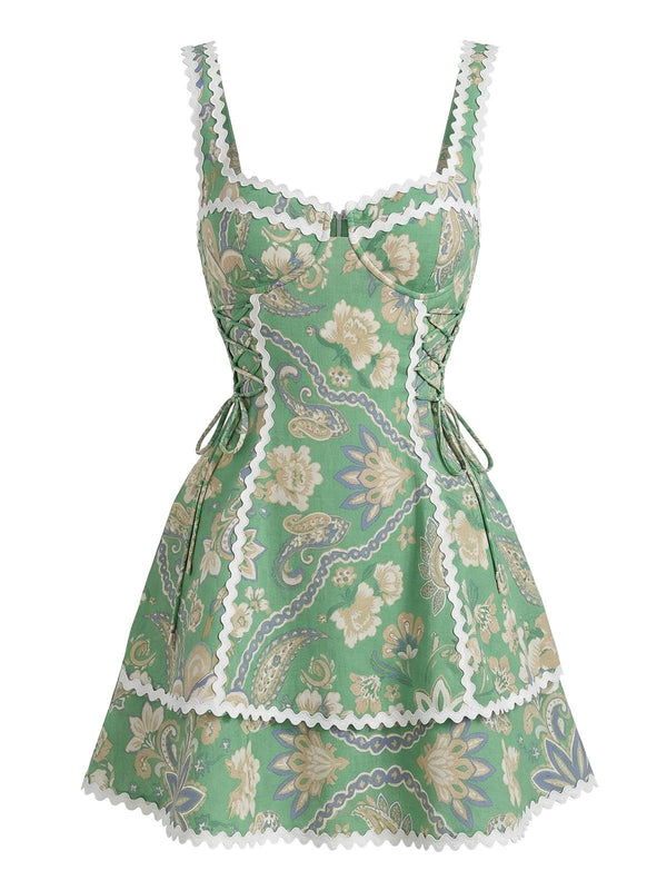 Women's Boho Paisley Floral Lace-up Mini Dress Green