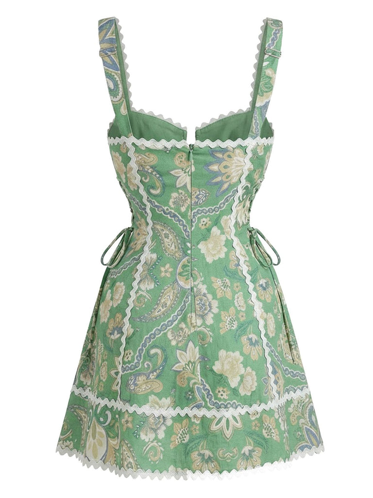 Green 1970s Boho Paisley Floral Spaghetti Strap Mini Dress