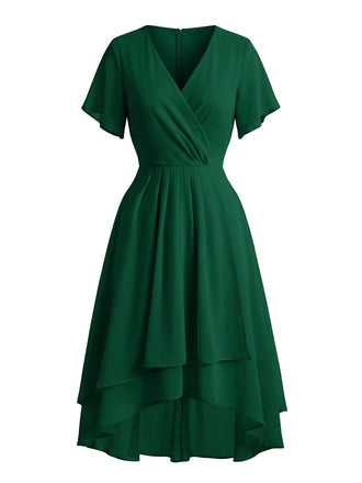 1950s Solid V-Neck Ruffle Sleeve Chiffon Asymmetrical Dress, vintage dress, retro fashion, rockabilly, pin-up fashion - perfect for women who love vintage and retro fashion