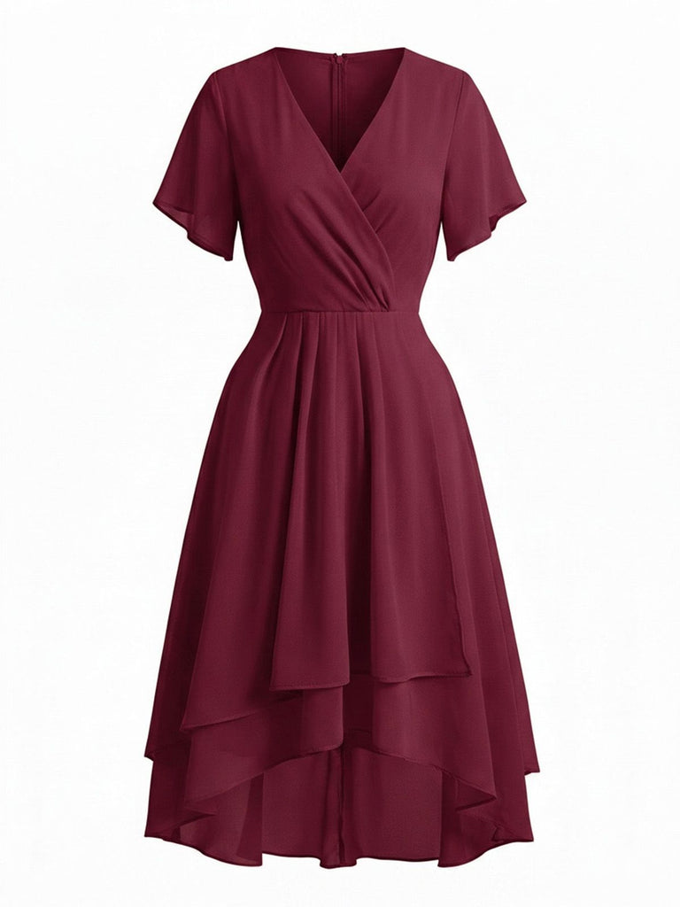 1950s Solid V-Neck Ruffle Sleeve Chiffon Asymmetrical Dress, vintage dress, retro fashion, rockabilly, pin-up fashion - perfect for women who love vintage and retro fashion
