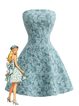 Light Blue 1960s Butterfly Jacquard Bow Dress