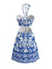 Cobalt Blue 1950s Vintage Floral Halter Dress 3