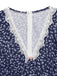 Dark Blue 1940s Floral Lace V-Neck Patchwork Dress