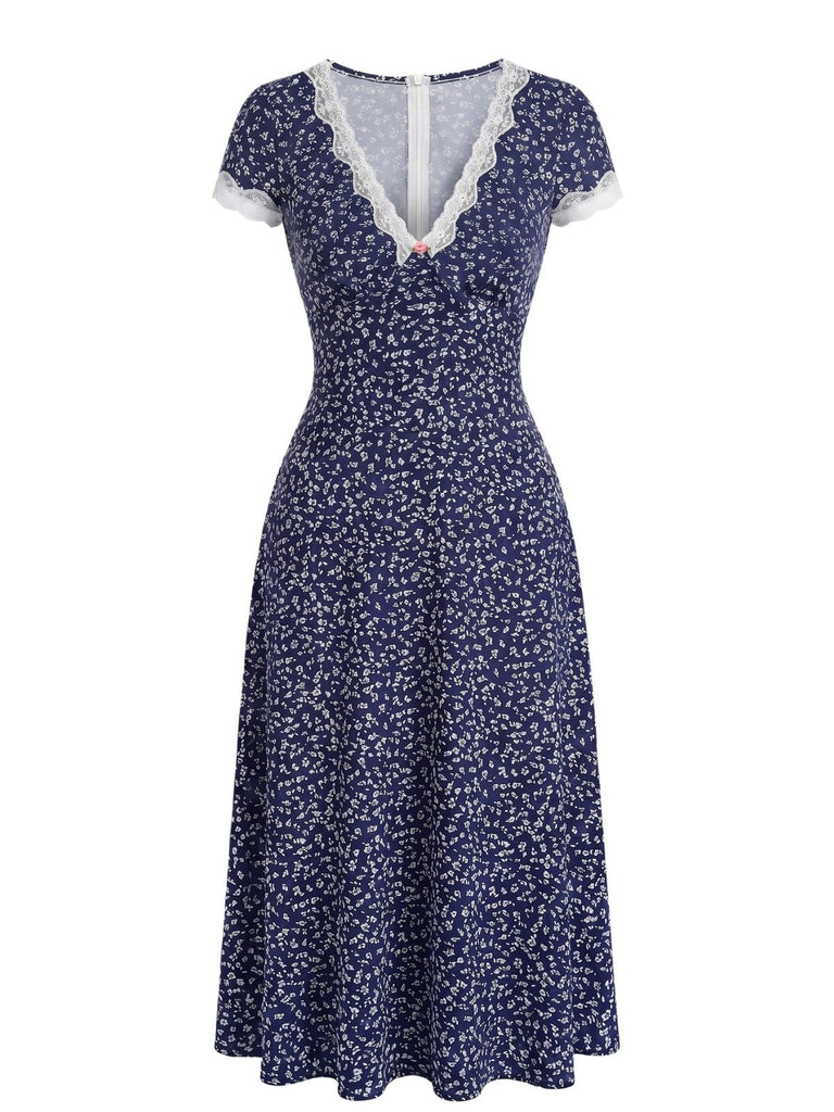 Dark Blue 1940s Floral Lace V-Neck Patchwork Dress