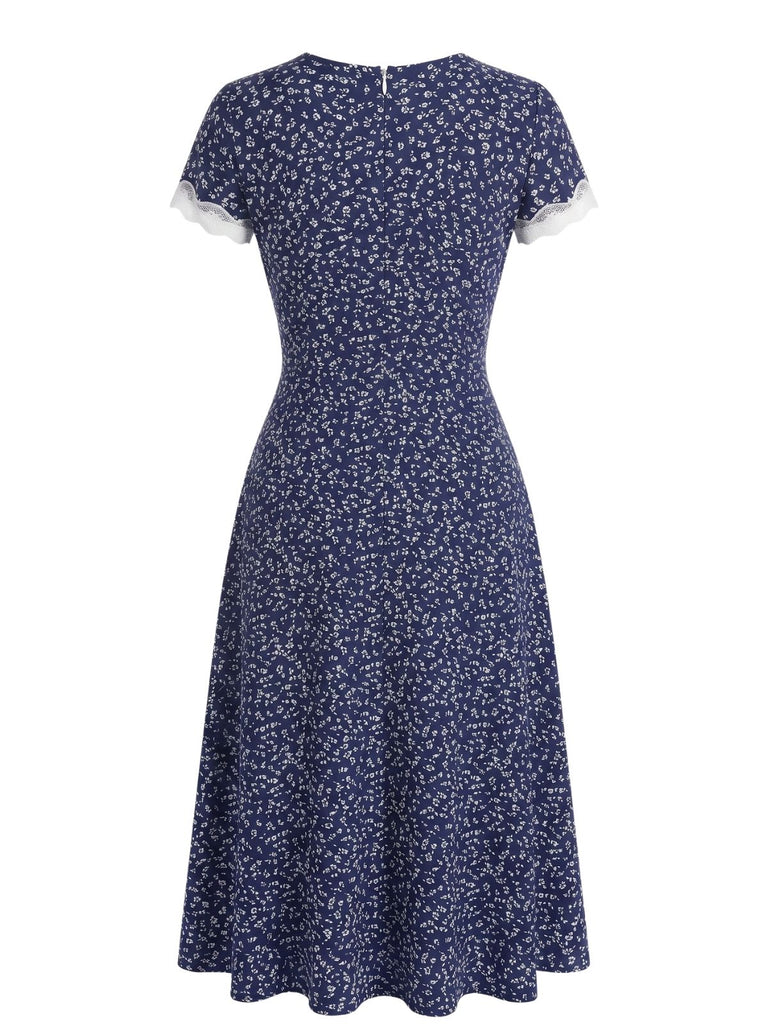 Dark Blue 1940s Floral Lace V-Neck Patchwork Dress