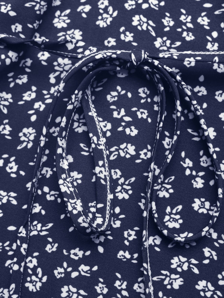 Dark Blue 1940s Floral Lace V-Neck Patchwork Dress