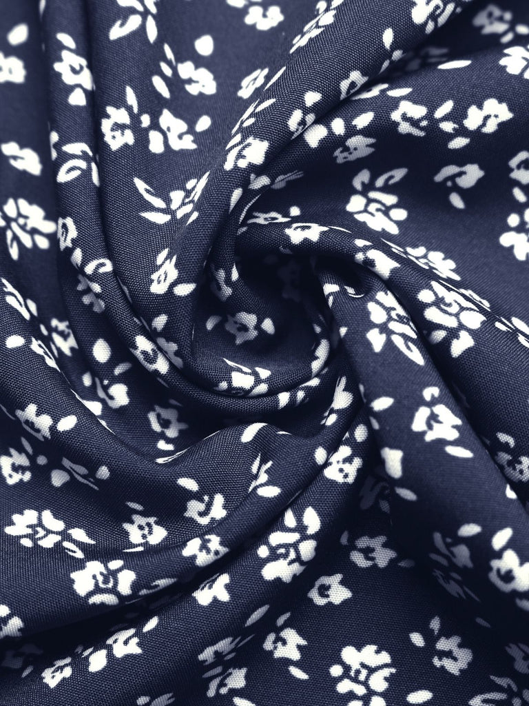 Dark Blue 1940s Floral Lace V-Neck Patchwork Dress