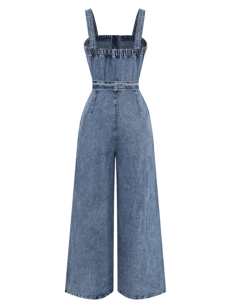 Blue 1930s Denim Button Front Belted Jumpsuit 2