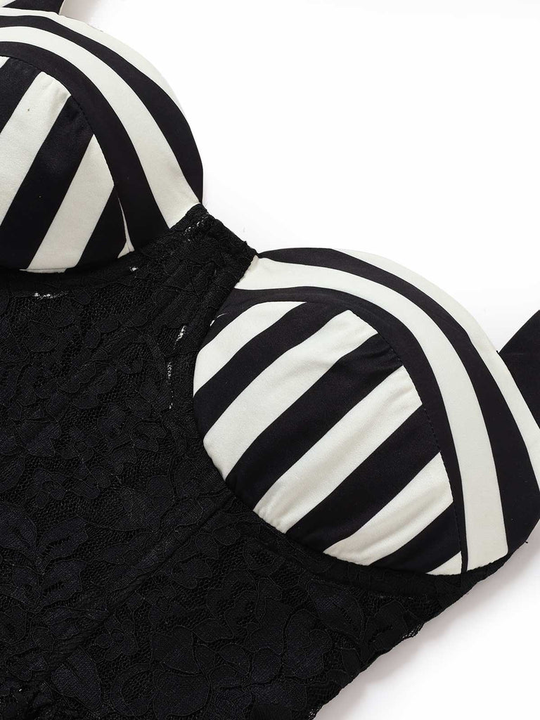 [Pre-Sale] Black 1950s Lace Halter Striped Dress 7