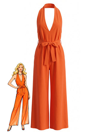 1930s Halter V-Neck Belted Wide Leg Jumpsuit 3