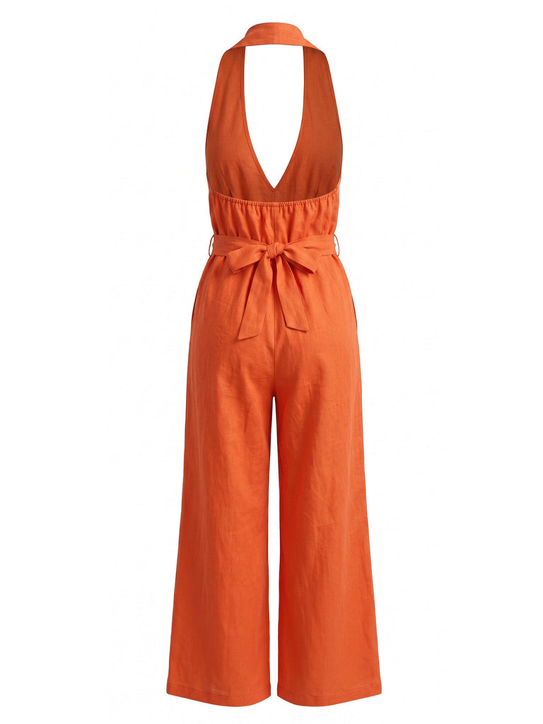1930s Halter V-Neck Belted Wide Leg Jumpsuit 4