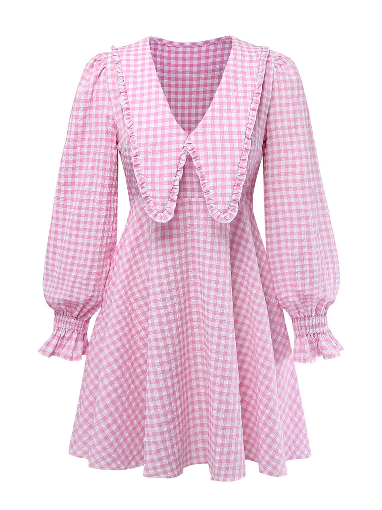 Pink 1950s Vintage Plaid V Neck Dress 1