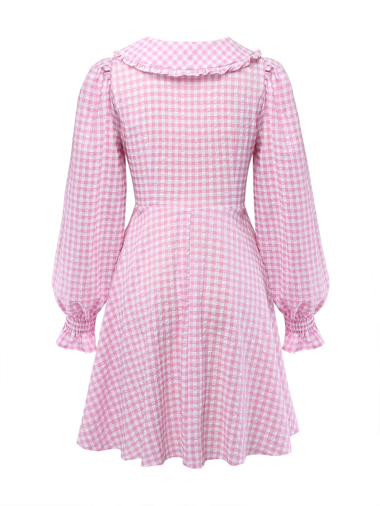 Pink 1950s Vintage Plaid V Neck Dress 2