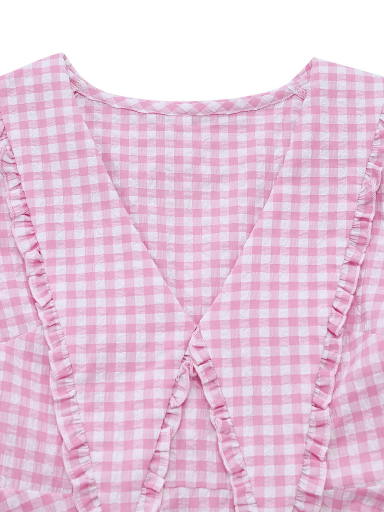 Pink 1950s Vintage Plaid V Neck Dress 3