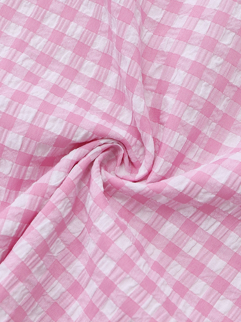 Pink 1950s Vintage Plaid V Neck Dress 5