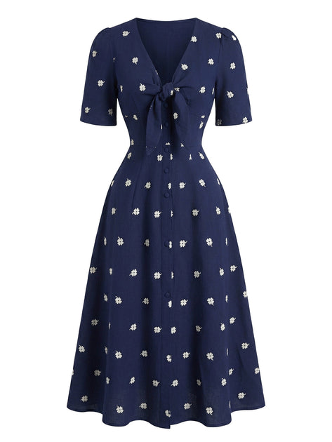 Blue 1940s Four-Leaf Clover Embroidered V-Neck Dress | Retro Stage